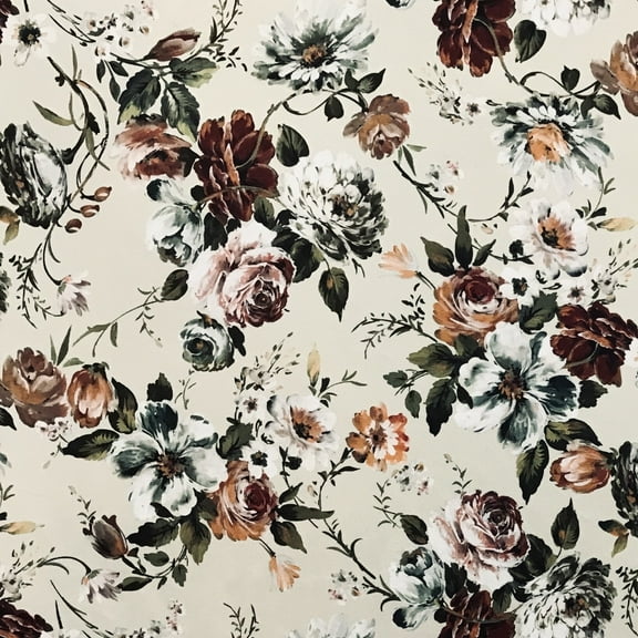 Decora Furnishings Velvet Finish Floral Design Digitally Printed Soft Fabric Material for Upholstery, Window Treatments, Craft - Width 54 inches - Off White Beige - Fabric by The Yard