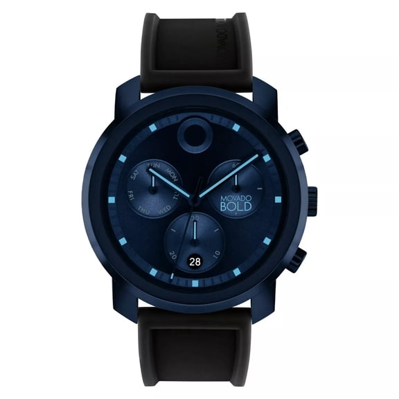 MOVADO BOLD 3601049 TREND BLUE CHRONOGRAPH DIAL BLACK SILICONE STRAP MENS WATCH
