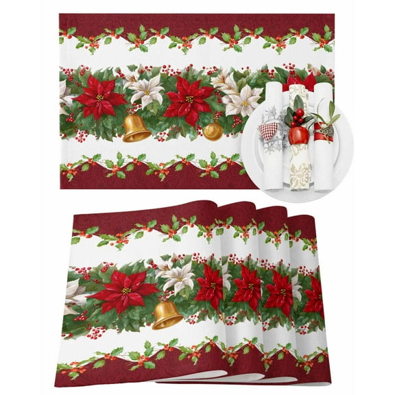 Christmas Placemats Set of 6, Red Berry Poinsettia Place Mats Holly Golden Bell Placemat Table Decoration for Kitchen Table Dinner Xmas Holiday Party Home Decor Indoor Outdoor 13x19 Inch