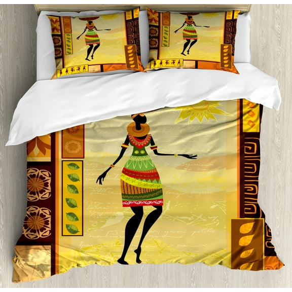 African Duvet Cover Set Queen Size, African Girl Dressed in Ethnic under Sun Figure Folk Culture Tribal Inspirations Display, Decorative 3 Piece Bedding Set with 2 Pillow Shams, Multi, by Ambesonne