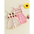 thumbnail image 3 of BemeyourBBs Toddler Baby Girl Summer Clothes One Piece Romper Outfit Strap Jumpsuit Overalls Cute Sleeveless Crochet Granny Square Floral Strawberry Embroidered Patchwork Ruffled Bottom Shorts, 3 of 9