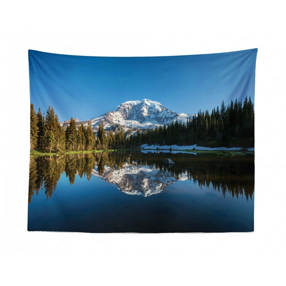 Mt Rainier Tapestry, Mount Rainier National Park Trees Snow Tranquil Lake Symmetric Reflection Image, Fabric Wall Hanging Decor for Bedroom Living Room Dorm, 2 Sizes, Multicolor, by Ambesonne