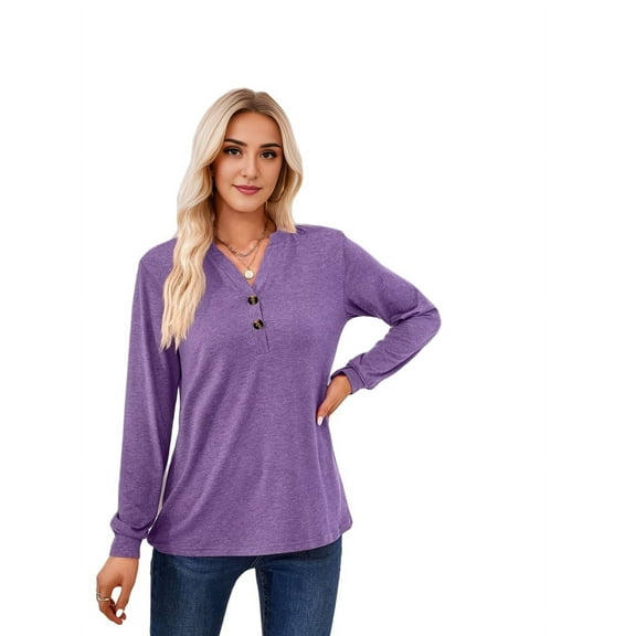 Womens Henley Tops Long Sleeve Shirts Thermal Pullover Casual Loose Fit Henley Neck Tunics M