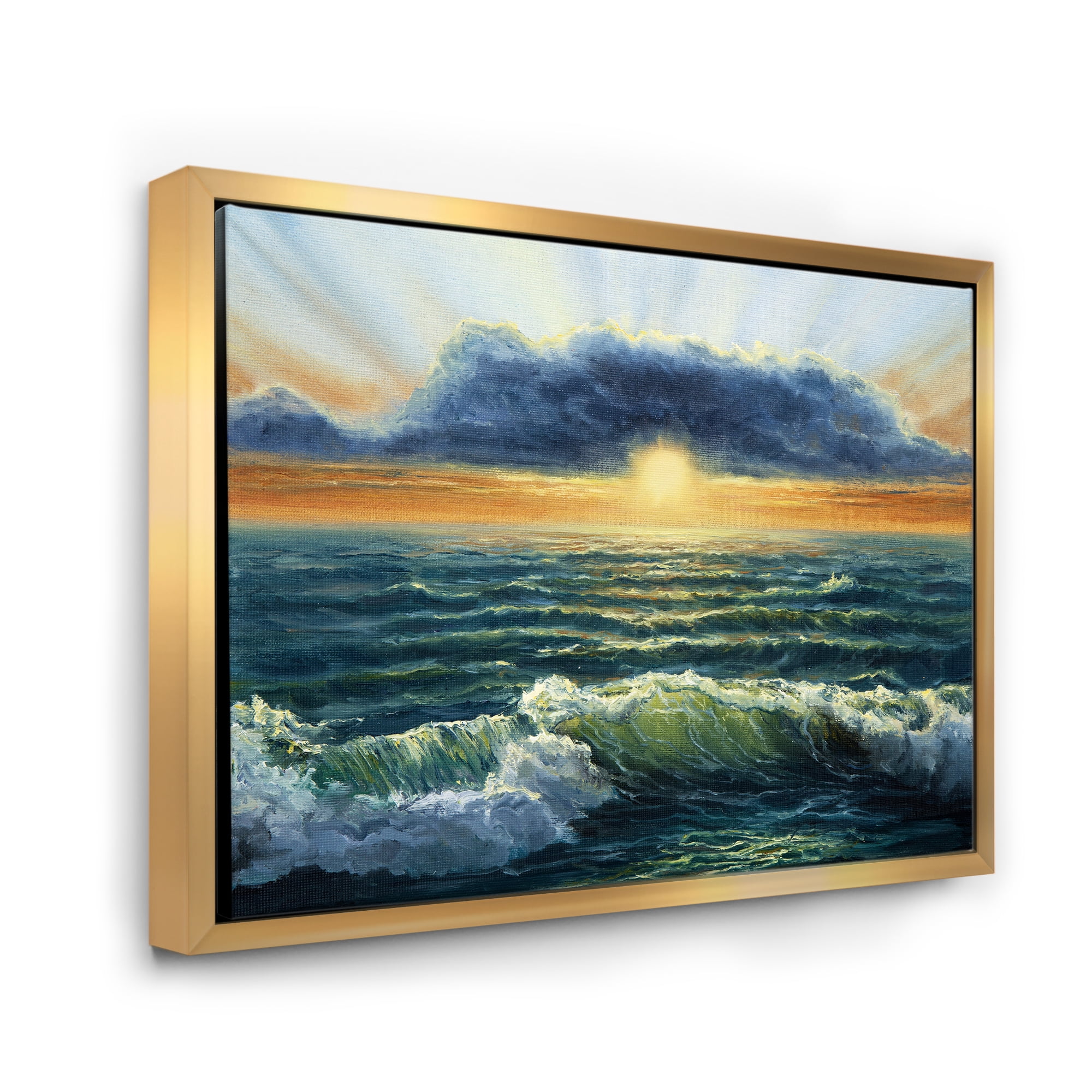 Designart 'The Blue Ocean In Sunset Evening I' Nautical & Coastal Framed Canvas Wall Art Print