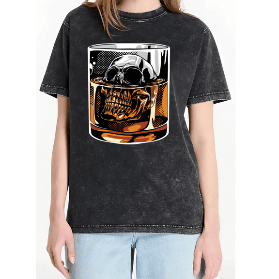 Cozymy Women's Skull Whiskey Glass Gothic Graphic Vintage Washed Short Sleeve Crewneck Casual Loose Fit Cotton Tee S-2XL