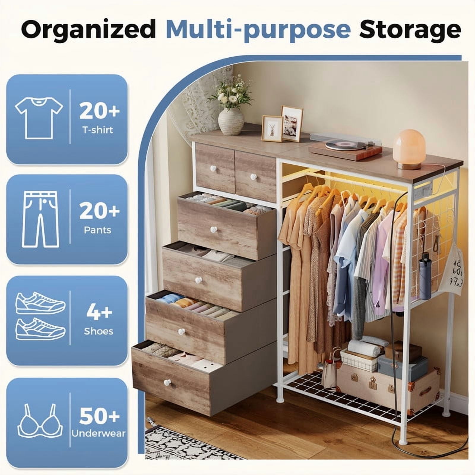 Kelno 6 Drawer Dresser with Hanging Rack LED Lights Charging Station Fabric Closet Organizer Storage Tower, Oak Greige