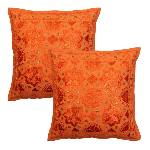 Stylo Culture Indian Decorative Throw Pillow Covers 16 x 16 Embroidered Orange Bohemian 40 x 40 cm Bed Room Cotton Mirrored Square Cushion Covers | Set Of 2