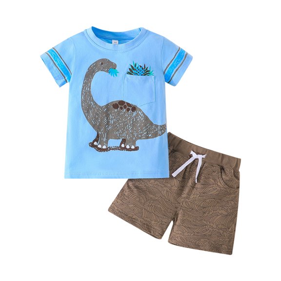 Hiijoy Toddler Boys Summer Outfits Cartoon Dinosaur Print Short Sleeve T Shirt & Shorts Set, Sizes 3-4T