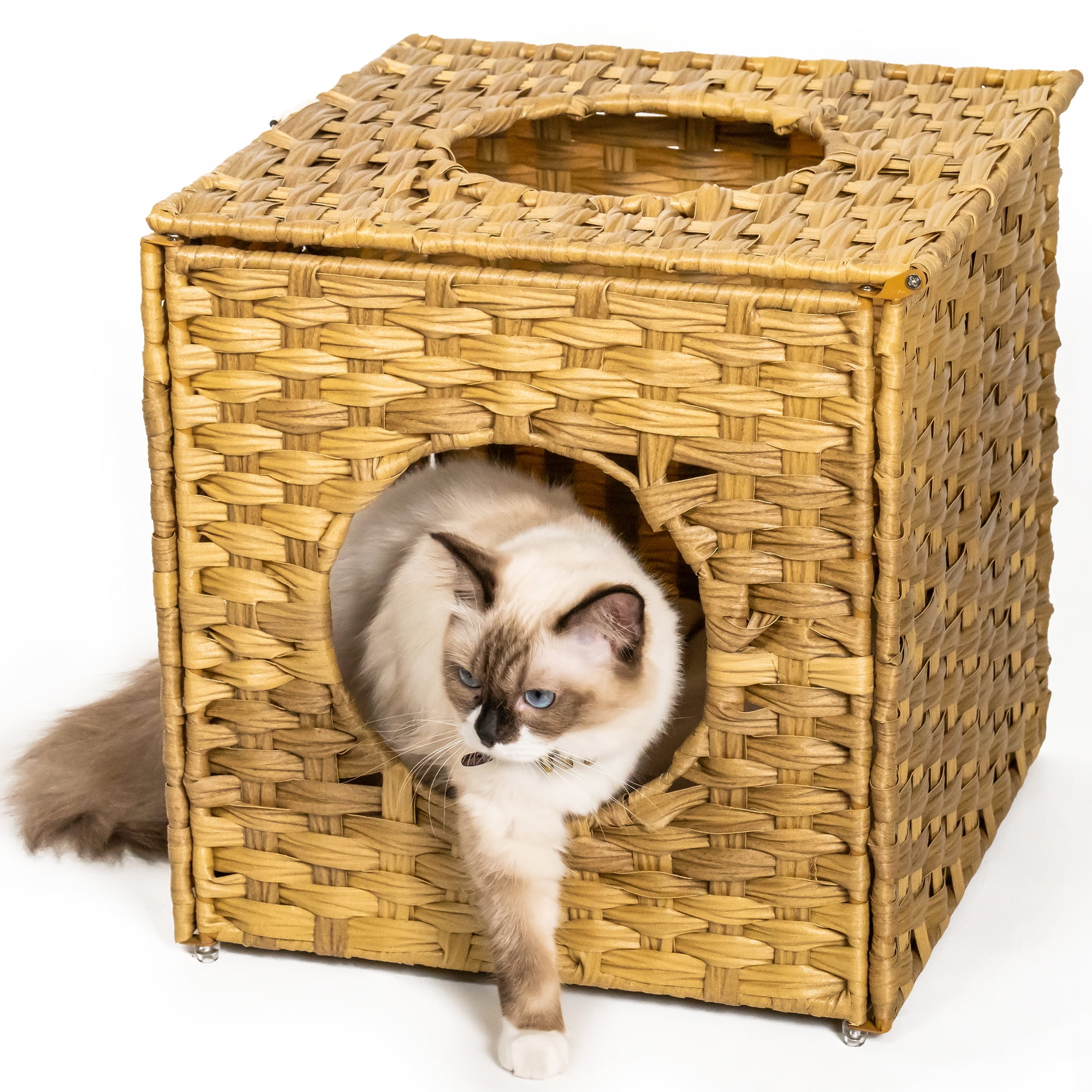 Canddidliike Rattan Cube Cat Bed with Rattan Ball and Mats in Yellow Brown Canddidliike Rattan Cube Cat Bed with Rattan Ball and Mats in Yellow Brown