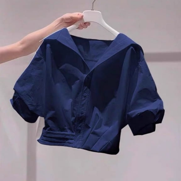 Women Solid Button Down Short Sleeve Blouse Casual Collared Crop Top Navy M