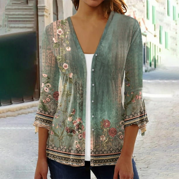 ICHUANYI Clearance Fashion Women Summer 3/4 Sleeve Cardigan Solid Color Casual Blouse Tops(Army Green, M) ICHUANYI WER2023080705333