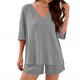 thumbnail image 1 of 3/4 Manga Casual Tops para las Mujeres Suelto V-Cuello Nervioso Punto Superior con Elástico-Cintura Pantalones Cortos Pantalones Conjuntos, Tela Elástica Suave para el Salón Diario Y el Uso Casual, 1 of 7