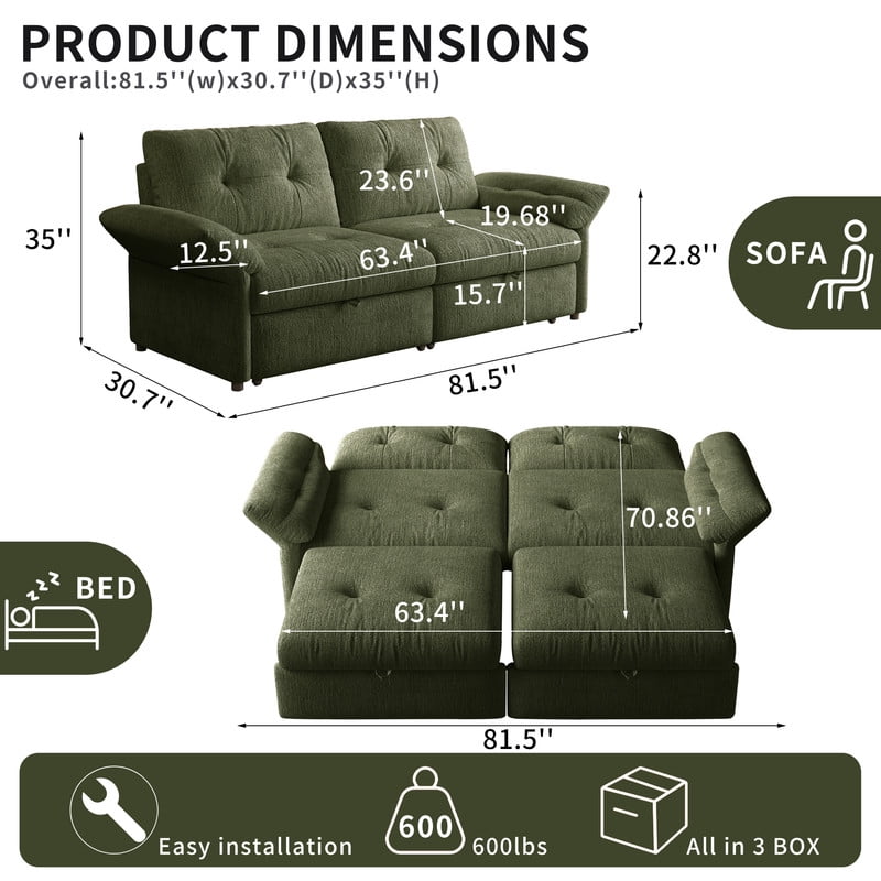 81.5" Convertible Sofa Bed, 2-in-1 Sleeper Sofa with Plush Chenille Fabric, High-Resilience Foam, Solid Wood Frame, Chenille Sofa Couch for Living Room, Guest Room, Apartment