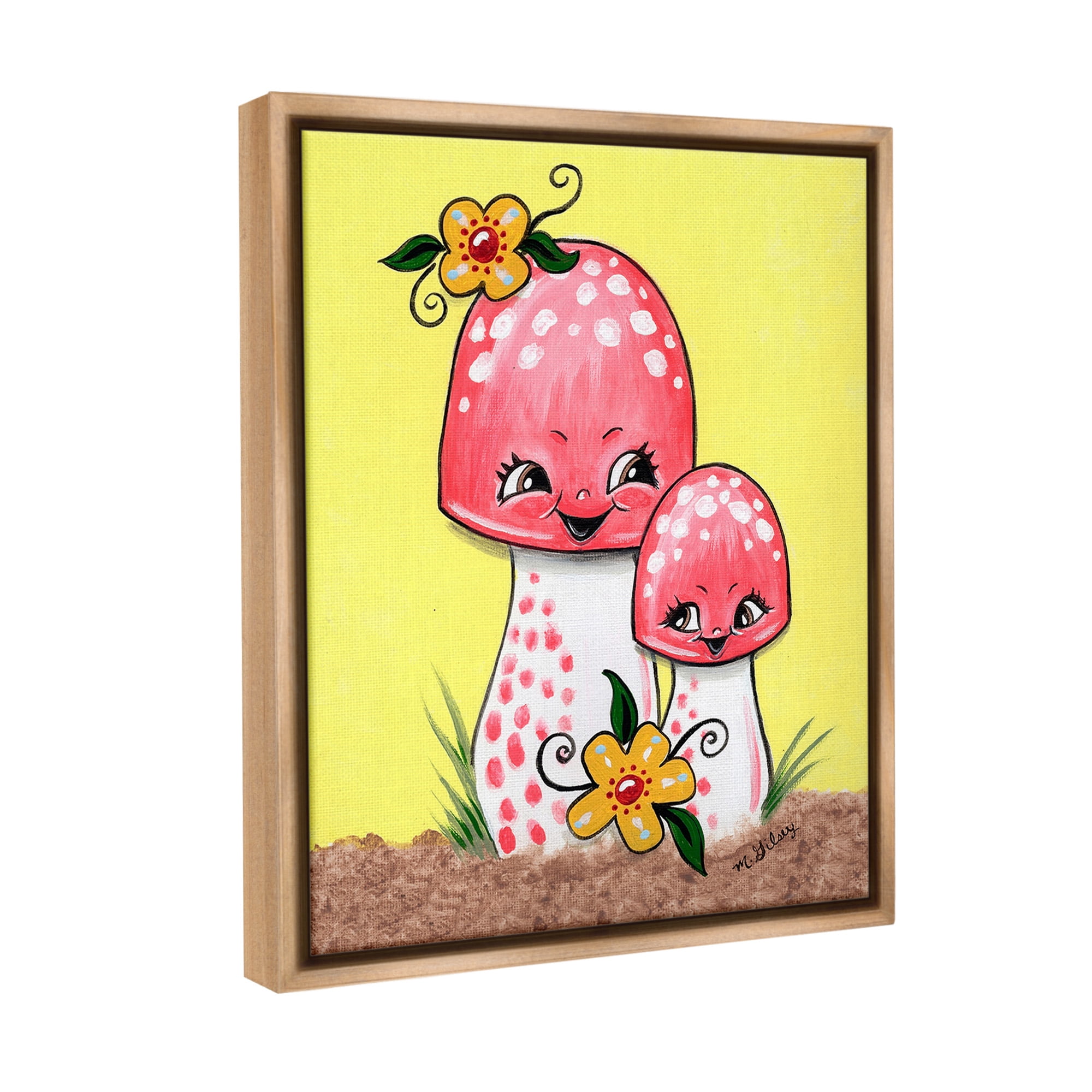 Stupell Industries Happy Mushrooms & Flowers Botanical & Floral Painting Brown Floater Framed Canvas Art Print Wall Art, 17 x 21