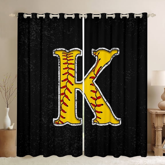 Feelyou Initial K Letter Curtains Pack of 2 (42x84 Each) for Kid, Cartoon Monogrammed Curtains Blackout, Baseball Sports Lover Bedroom Curtains, Window Curtains Decor