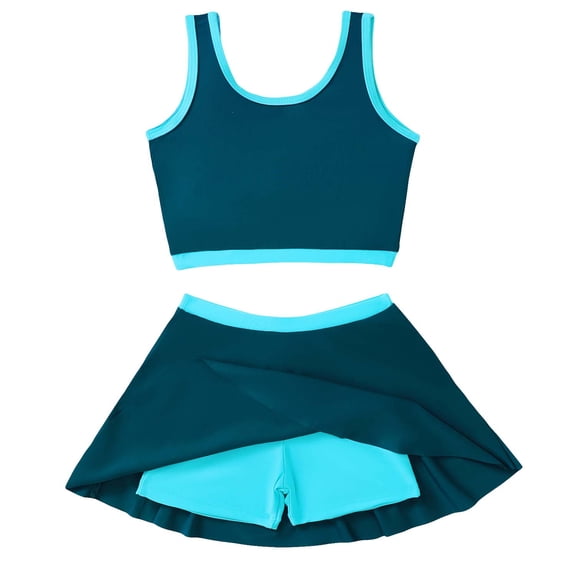 Kucnuzki 7T Big Girl Swimsuit Set 8T Child Gilrs Bathing Suit Color Block Top Swimming Skirt with Shorts 2pcs Bikini Set Summer Beach Breathable Tankini Set Green