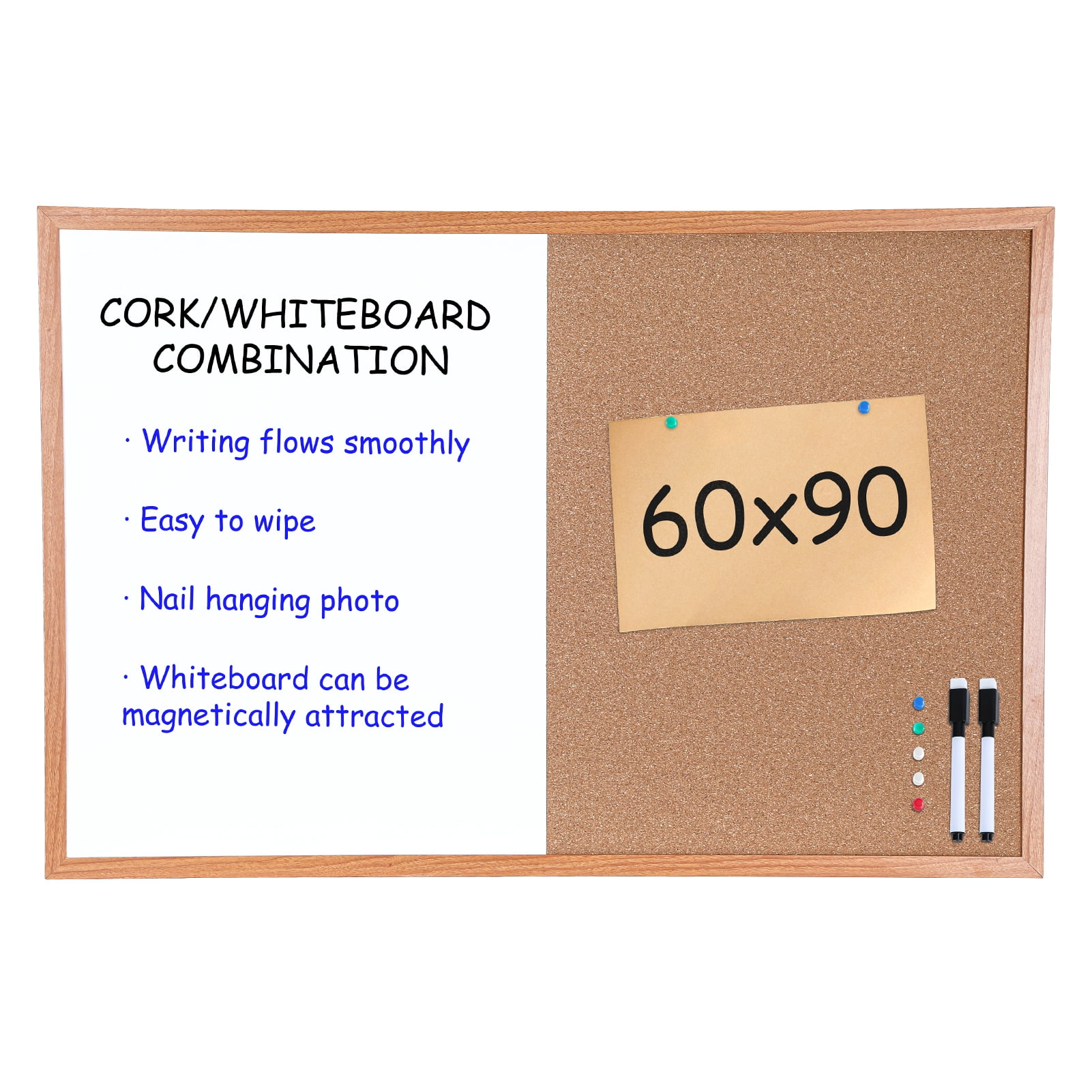 Lorelo Dry-Erase Cork Board Combo, Magnetic Whiteboard And Bulletin Board Combination, Wooden Frame Vision Board with Markers Push Pins for Office Home School