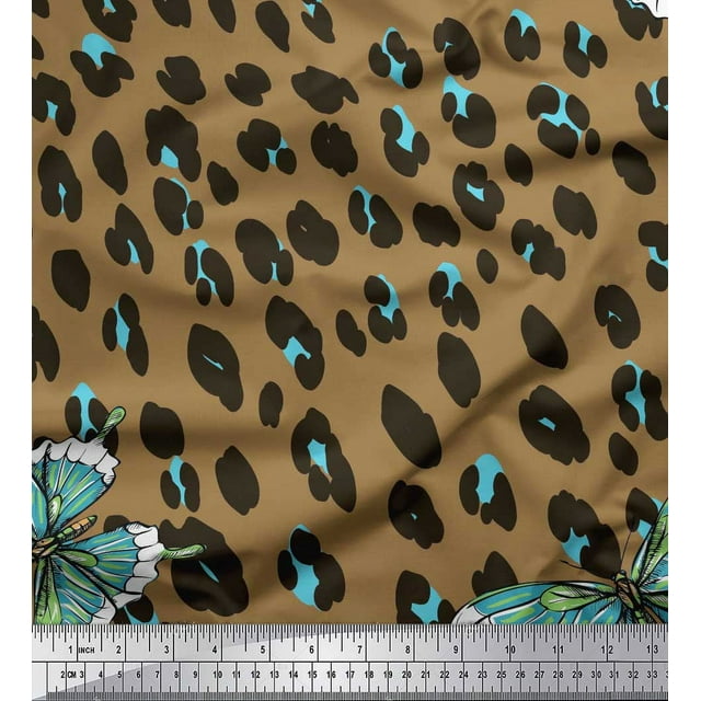 Soimoi Brown polyester Crepe Fabric Artistic Insect & Leopard Animal Skin Printed Craft Fabric by The Yard 42 Inch Wide