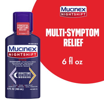 MUCINEX Nightshift Sinus 6 fl. oz.  Relieves Fever, Sore Throat, Runny Nose, Sneezing, Nasal Congestion, and Controls 