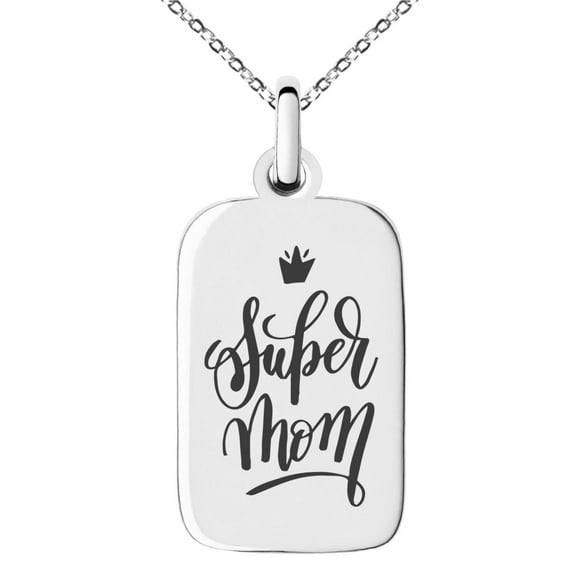 Tioneer Stainless Steel Super Mom Small Rectangle Dog Tag Charm Pendant Necklace