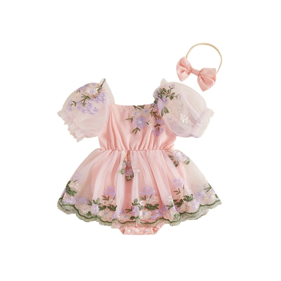 BemeyourBBs Baby Girls First Birthday Outfit 1st Birthday Party Dress Newborn Fairy Tulle Tutu Romper Dress Fly Sleeve Floral Embroidery Bodysuit Princess Party Cake Smash Dresses Headband