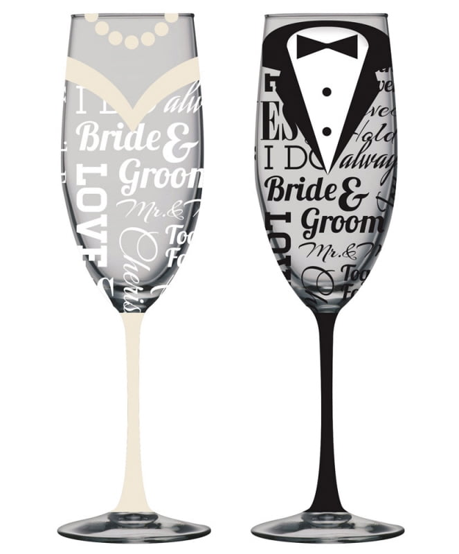 Hand-Painted Bride and Groom Champagne Flutes Set of 2 