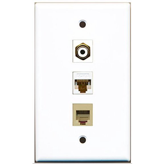 RiteAV - 1 Port RCA White and 1 Port Phone RJ11 RJ12 Beige and 1 Port Cat6 Ethernet White Wall Plate