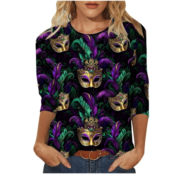 Mardi Gras Outfit for Women,Summer 3/4 Sleeve Tops for Women Fashion Tie Dye Shirt Casual Round Neck Tshirts Trendy Blouses My Items