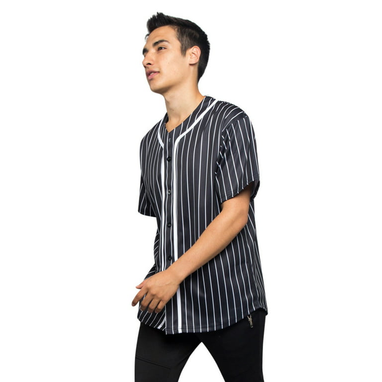 Men's Hipster Hip Hop Button Down Pin Striped Baseball Jersey Short Sleeve Shirt BJ44 - Black - 2X-Large, Size: 2XL