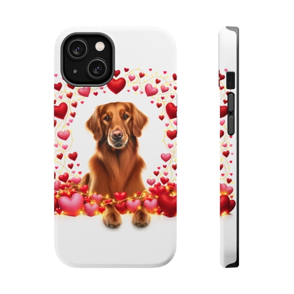 DistinctInk Tough Case for Apple iPhone 15 (6.1" Screen), Compatible with MagSafe Charging - Valentine's Day Flat-Coated Retriever