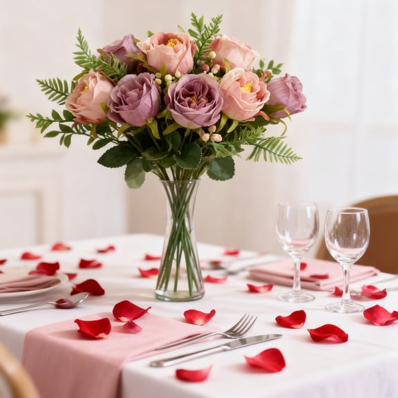 Valentine's Day Decor Artificial Roses Bouquet Green Leaves Vase Home Party Tabletop Romantic Valentine Decorations