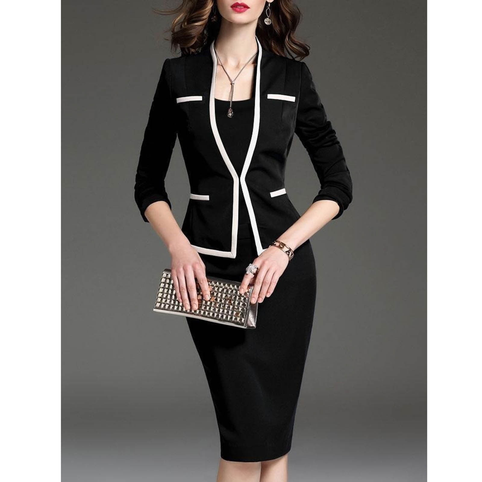 Women's 2 Piece Business Outfit Elegant Crop Jacket with Bodycon Midi Dress Matching Set Vintage Work Office Suits Dress Lounge Sets