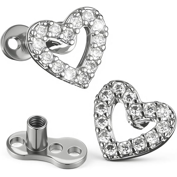 2Pcs Heart Dermal Jewelry Tops 14G Cubic Zirconia Dermal Piercing 316l Surgical Steel Fake Dermals Piercing Internally Threaded Studs for Women Men