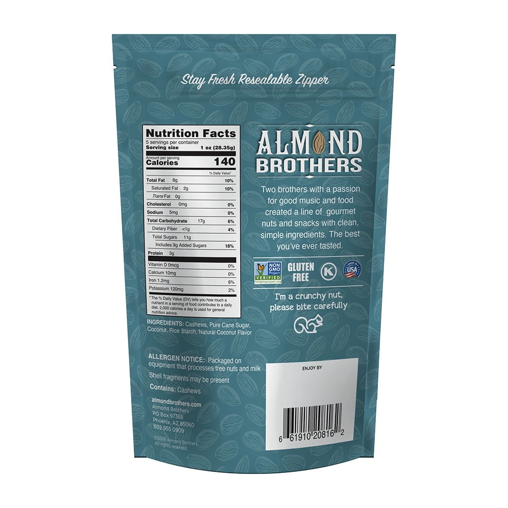 Pack of 6, Almond Brothers Coconut Cashew, 5 oz