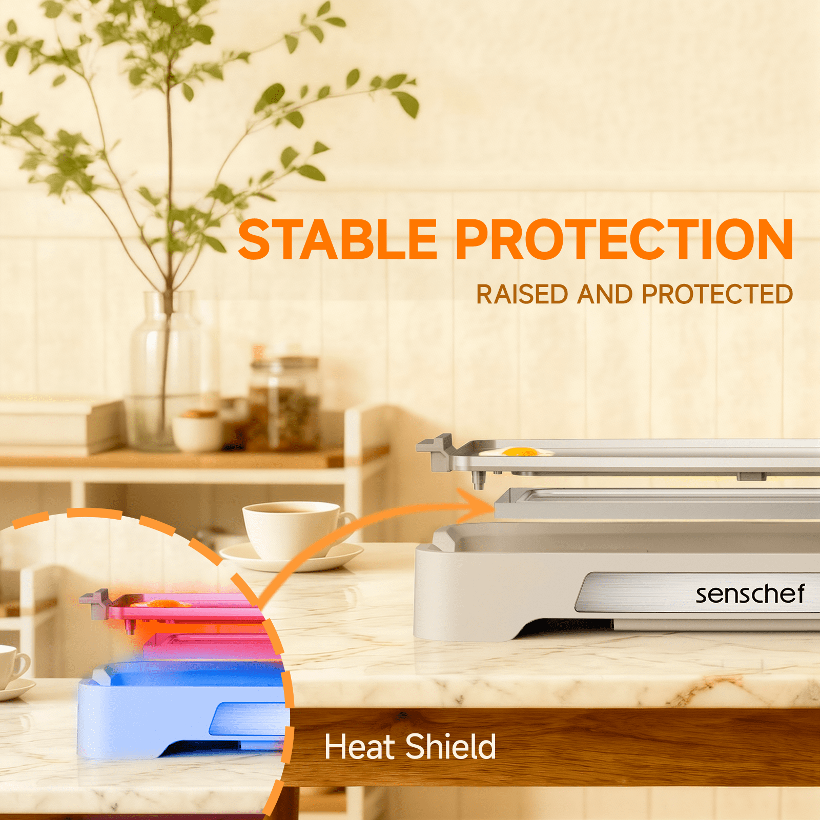 SENSCHEF Cleansnap 20 inch Electric Griddle, Foldable Anti-Mess Shield, 1700W Rapid Heating, PPG Ceramic Nonstick, Dishwasher Safe, Great Gift, Vanilla Cream