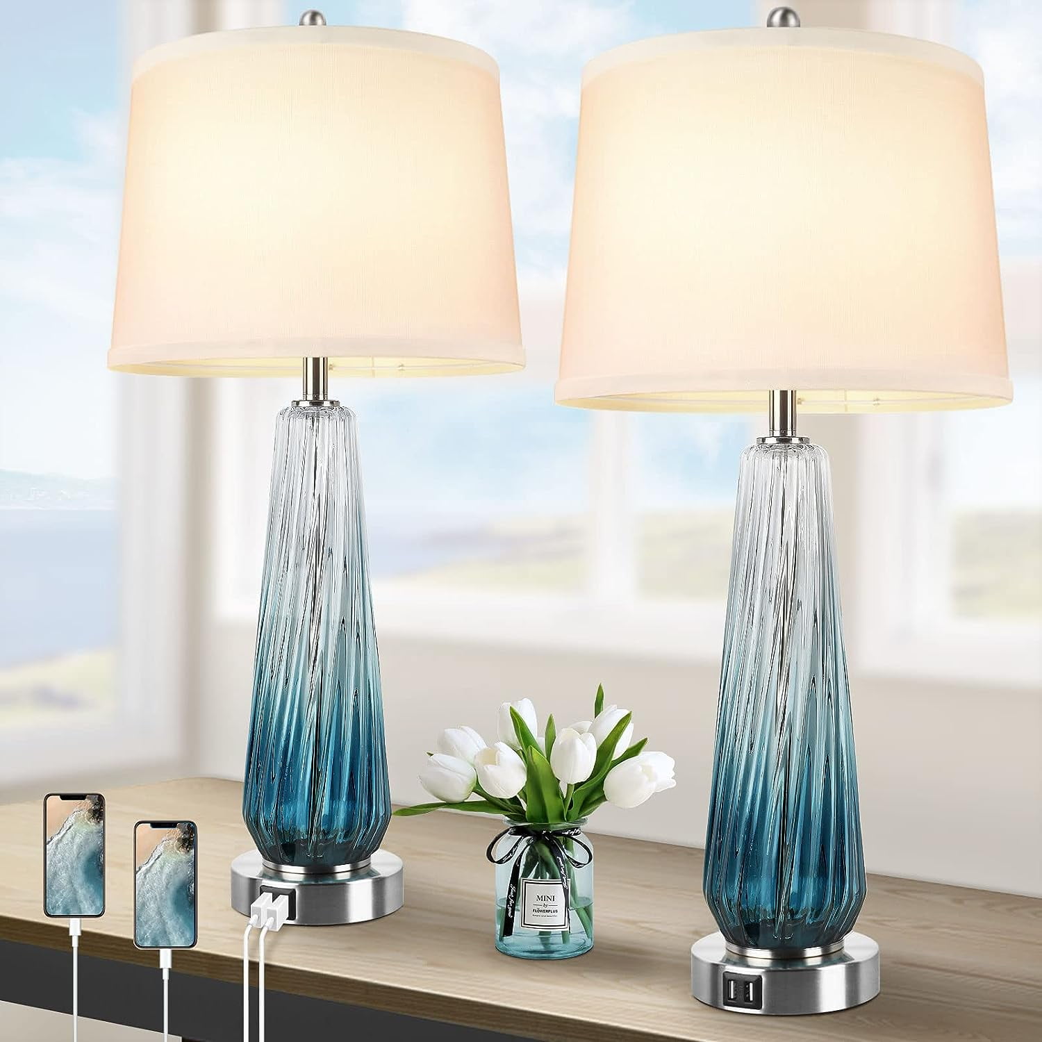 Modern Table Lamps Set of 2, Glass Bedside Lamps with 2 USB Ports, Teal
