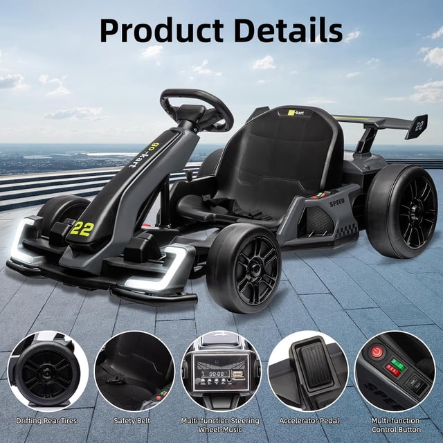 Historyli Kart eléctrico de 24 V, potente kart de drifting, asiento ajustable, velocidad de 13 km/h, luces LED, juguete para exteriores para niños de 6 a 15 años, gris