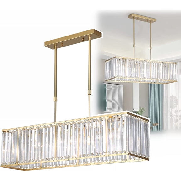 Miumaeov Crystal Pendant Light Vintage 4-Light Rectangular Chandelier Rectangle Ceiling Lamp for Kitchen Island Dining Room Golden with E12 Bulb Base