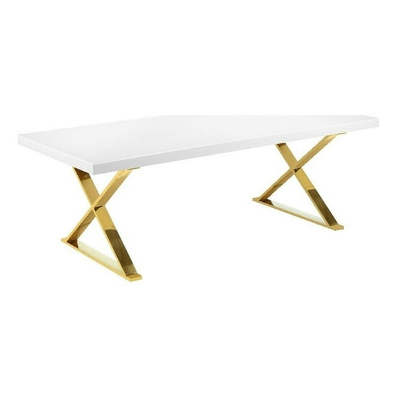Rix 87 Inch Dining Table- Rectangular White Top- Gold Finished Metal Base