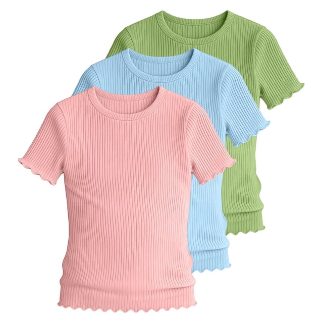 KyCheLot 3 Pack Ribbed Knit Tops for Girls Crew Neck Solid Color Short Sleeve T-Shirts Trendy Ruffle Trim T-Shirts