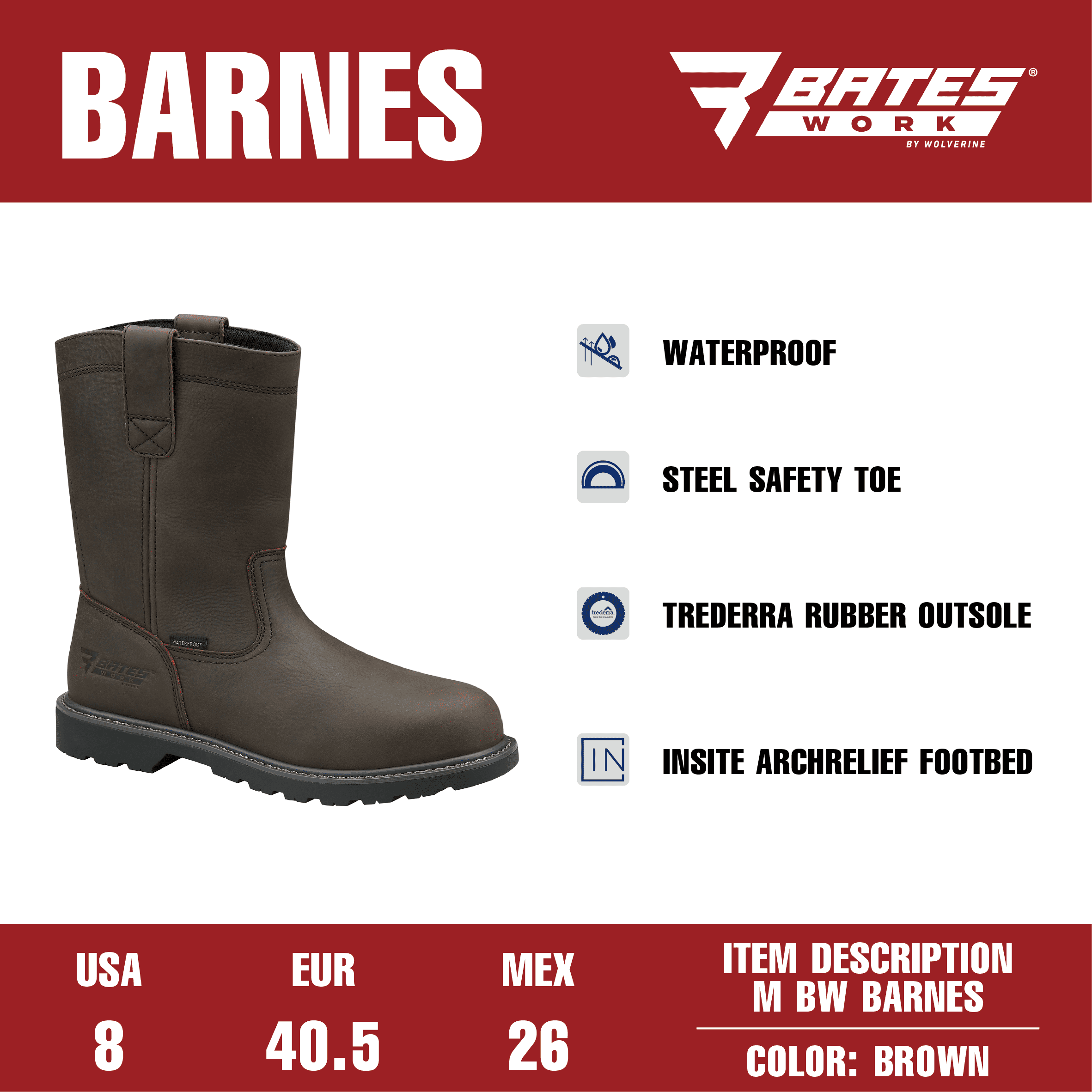 Bates Work by Wolverine Men's Barnes Waterproof Steel Pull-On Toe Work Boot