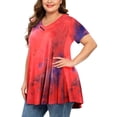 thumbnail image 3 of Aofany Business Casual Tops for Ladies Blouses Women Plus Size Tops Tie-Dye Print Short Sleeve V-Neck Blouse Pleated Hem Shirt Red 3Xl, 3 of 7