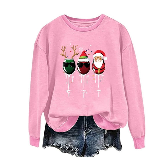 Turilly Christmas Sweatshirts Pullover for Women Fashion Printed Long Sleeve Top Loose Fit Sweatshirts Pink S