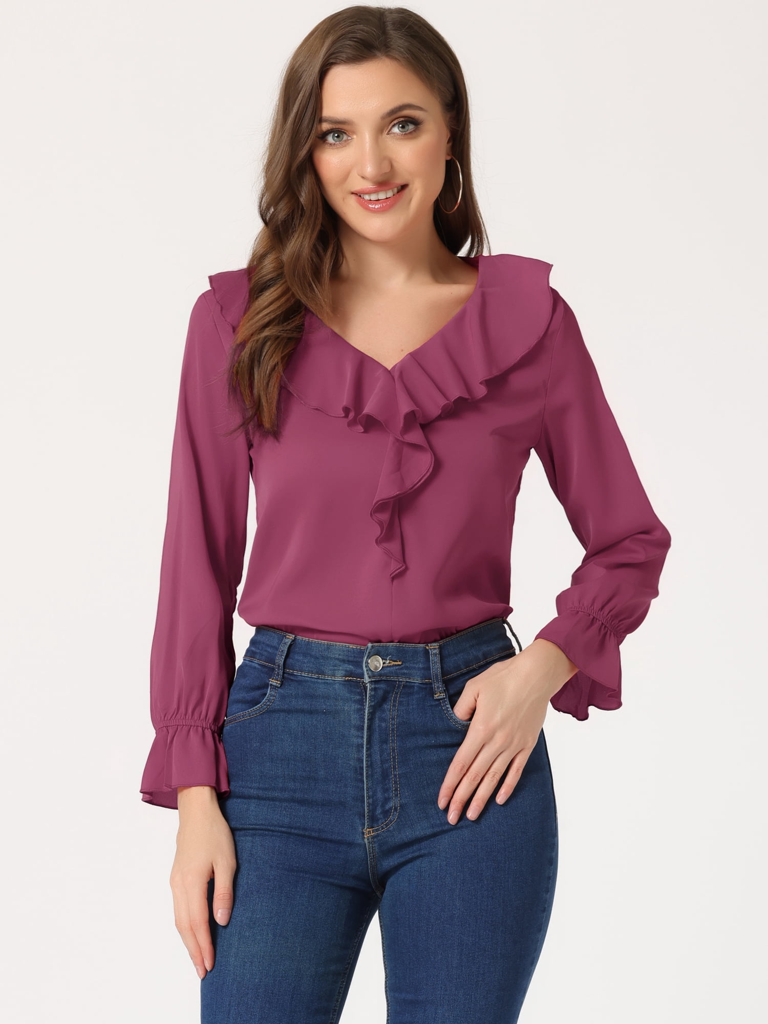 DARING DIVA Women's Ruffle V Neck Chiffon Peasant Blouse L Fushcia