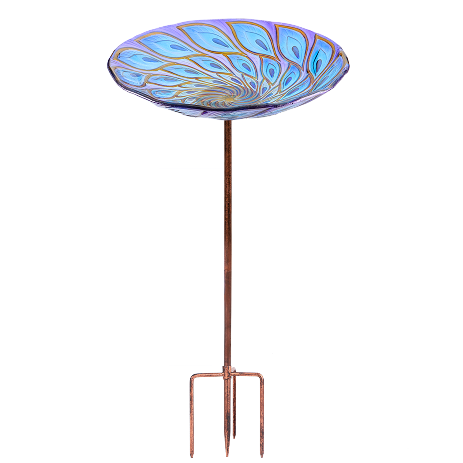 Metal Stake Garden Bird Bath with Peacock Design - Outdoor Glass Bird Bathing Dish for Garden Ornamentation and Wildlife Enjoyment.