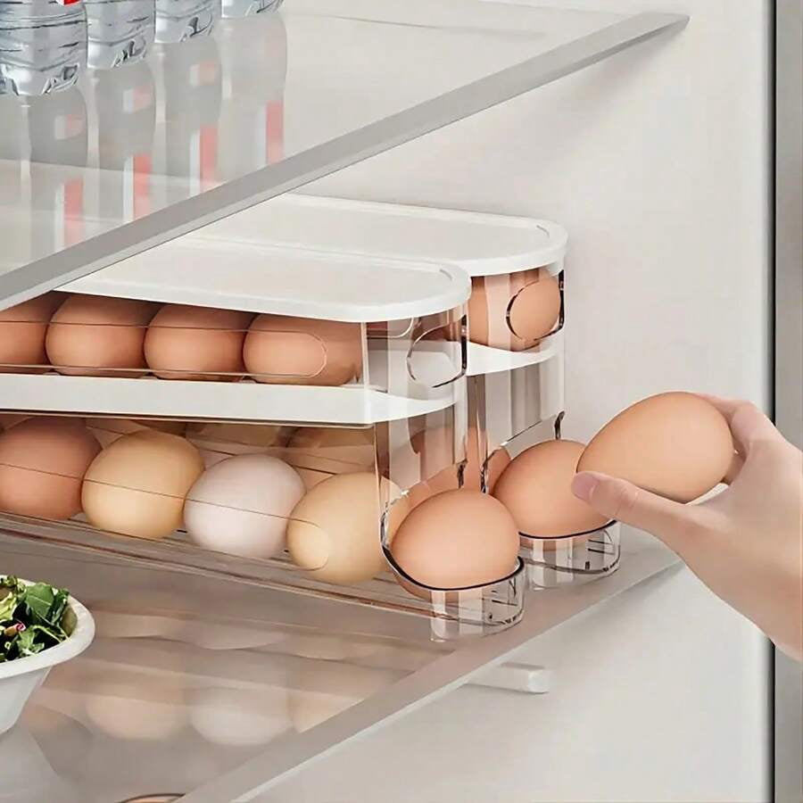 Double Layer Automatic Egg Roller Storage Box, Rolling Egg Dispenser for Refrigerator, Cabinet, and Kitchen Organization, Egg Storage Rack