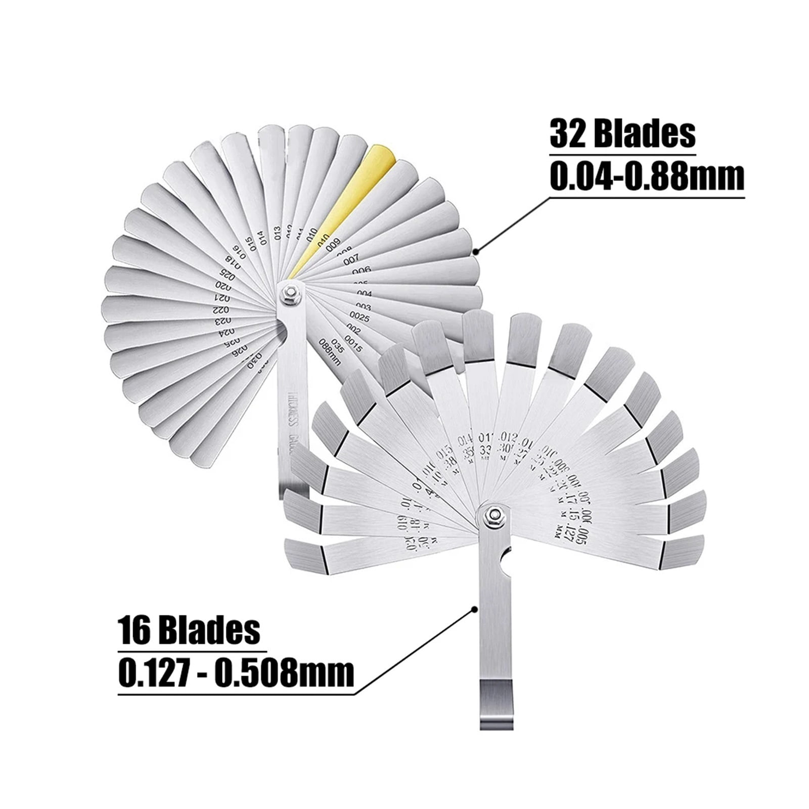 16 Blades Curved Feeler Gauge 0.127 to 0.508mm 32 Blades Feeler Gauge Stainless Steel Metric In 0.04-0.88mm ,Easy Identification