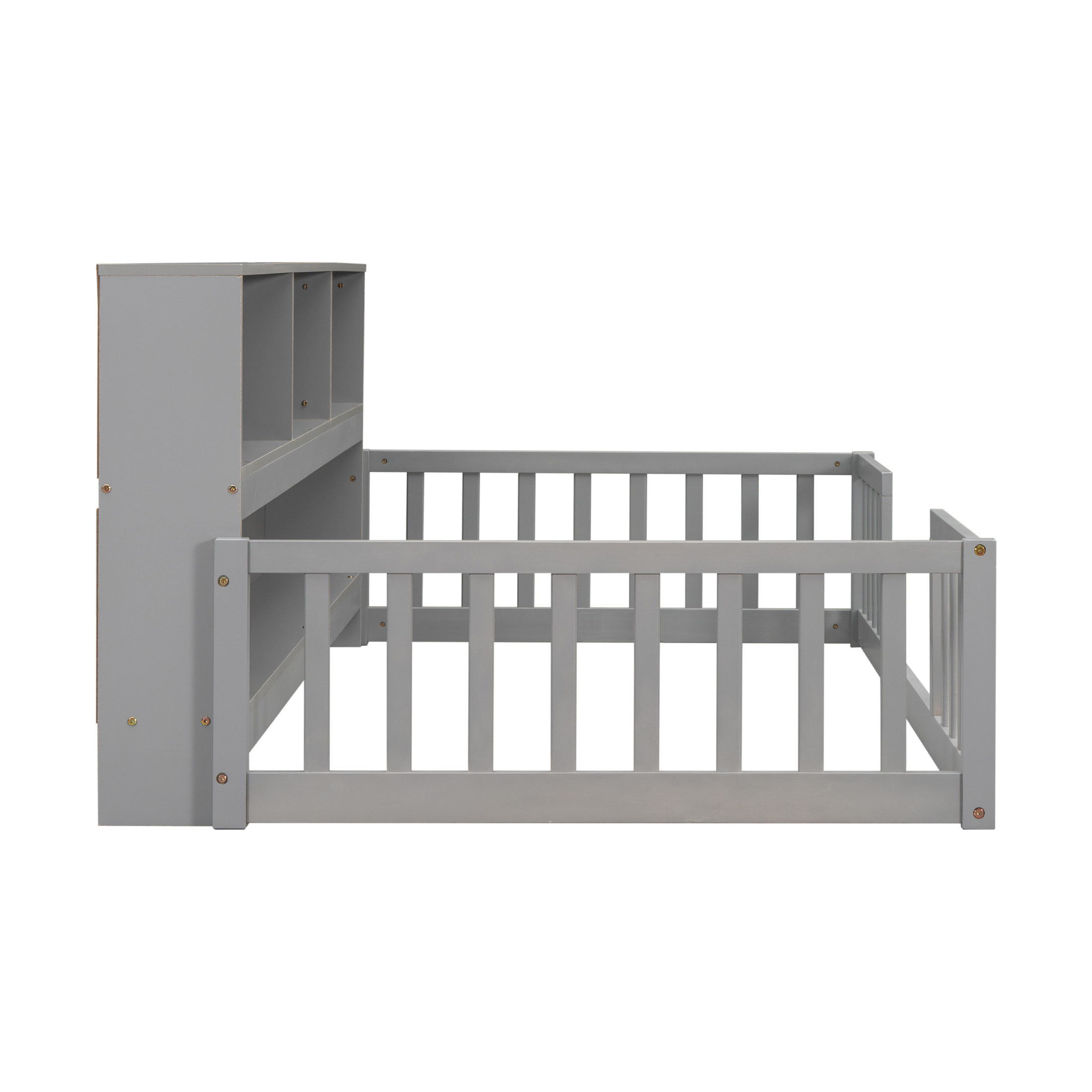 Noble House Lester Twin Size Floor Bed, Pine Wood Frame with Side Bookcase, Shelves, and Guardrails for Kids, Grey