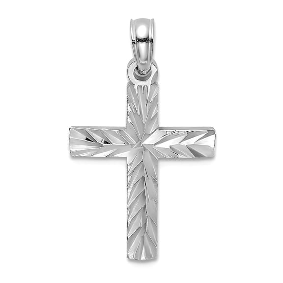 14k White Gold Sparkle-Cut Block Religious Faith Cross With Starburst Center 18mm long Pendant Necklace for Women