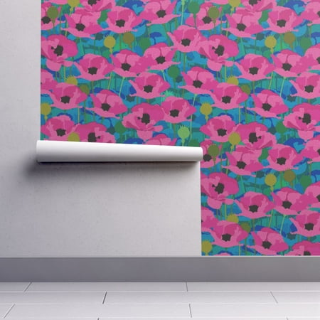 Removable Water-Activated Wallpaper Poppies Poppies Hot Pink Green Blue